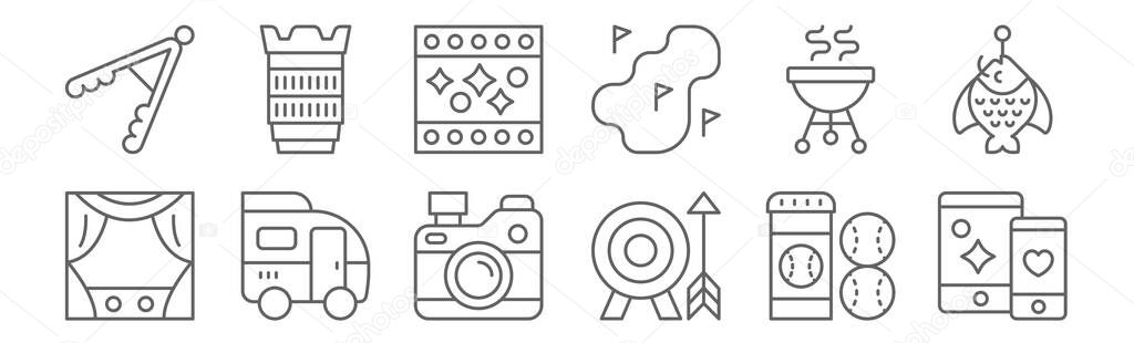 set of 12 hobbies icons. outline thin line icons such as technology, archery, caravan, barbecue, cinema, lens