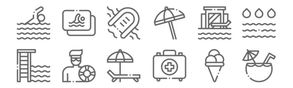 Set Von Swimmingpool Symbolen Umreißen Dünne Linien Symbole Wie Kokosnussgetränk — Stockvektor