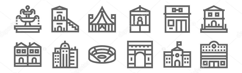 set of 12 urban building icons. outline thin line icons such as cinema, arch of triumph, skyscrapper, gym, circus, duplex