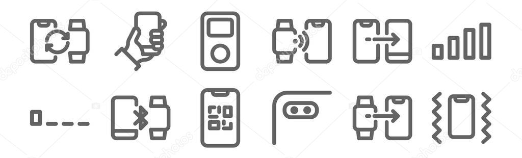 set of 12 phones and mobiles icons. outline thin line icons such as back camera, back camera, tooth, connection, music player, smartphone