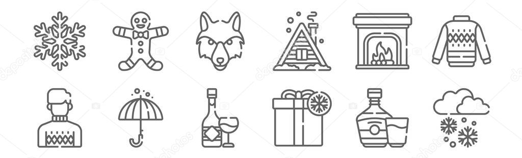 set of 12 winter icons. outline thin line icons such as snow, gift, umbrella, fireplace, wolf, gingerbread