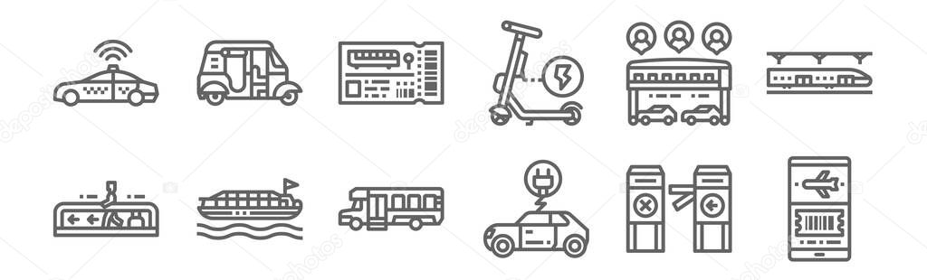 set of 12 public transport icons. outline thin line icons such as mobile, electric car, boat, transport, train ticket, ricksaw