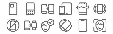 12 telefon ve cep telefonu ikonu seti. yüz tanıma, döndürme, bağlama, mobil bulut, bağlantı, klavye gibi ince çizgi simgeleri