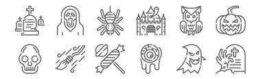 12 tane cadılar bayramı ikonu. Yaşayan ölü, göz küresi, süpürge sapı, baykuş, örümcek, çığlık gibi ince çizgi simgelerini özetle