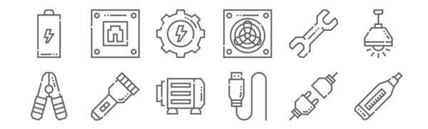 Conjunto Herramientas Iconos Electricistas Contorno Iconos Línea Delgada Como Voltaje — Vector de stock