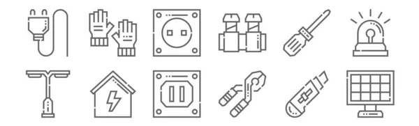 Conjunto Herramientas Iconos Electricistas Contorno Iconos Línea Delgada Como Panel — Vector de stock