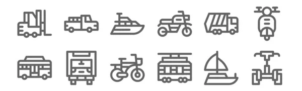 Conjunto Iconos Transporte Contorno Línea Delgada Iconos Tales Como Patada — Archivo Imágenes Vectoriales