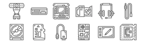 Conjunto Iconos Dispositivos Informáticos Contorno Iconos Línea Delgada Como Procesador — Archivo Imágenes Vectoriales