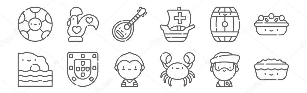 set of 12 portugal icons. outline thin line icons such as pasteis de belem, crab, portugal, barrel, mandolin, rooster