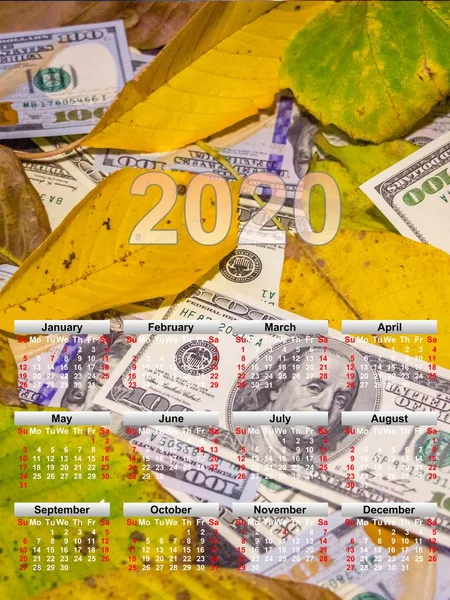 Sarı yapraklı arka plandaki yüz dolarlık banknotların takvimi. Tüm yıl boyunca duvar takvimi. Şirket, ev ve iş takvimi. Tabloda 2020 takvimi
