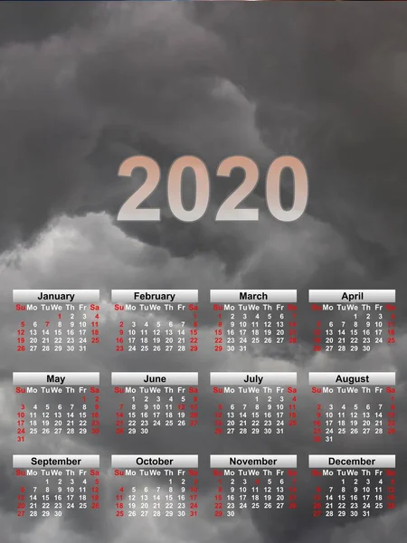Koyu gri gökyüzüne karşı takvim. Tüm yıl boyunca duvar takvimi. Şirket, ev ve iş takvimi. Tabloda 2020 takvimi