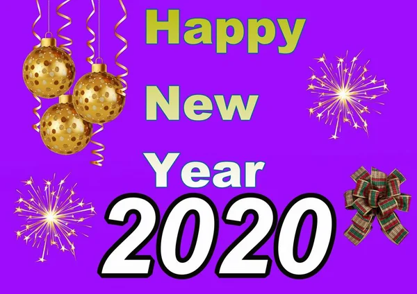 Happy new year lettering 2020 On a purple background with New Year\'s toys and fireworks