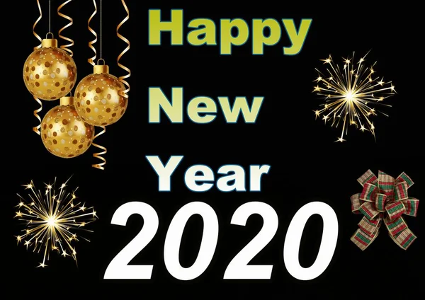Gelukkig Nieuwjaar Belettering 2020 Een Zwarte Achtergrond Met Nieuwjaarsspeelgoed Vuurwerk — Stockfoto