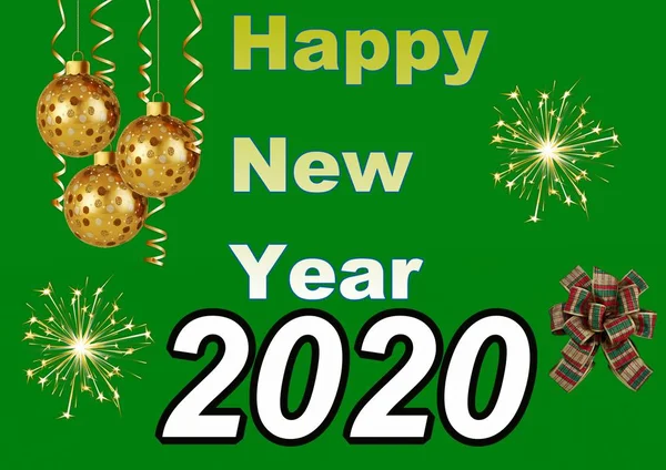 Gelukkig Nieuwjaar Belettering 2020 Een Groene Achtergrond Met Nieuwjaarsspeelgoed Vuurwerk — Stockfoto