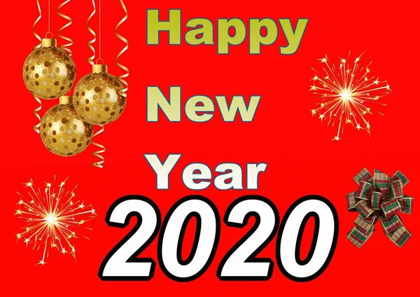 Happy new year lettering 2020 On a red background with New Year\'s toys and fireworks