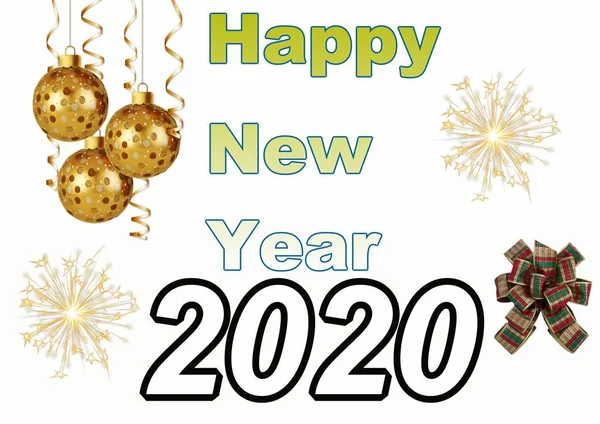 Gelukkig Nieuwjaar Belettering 2020 Witte Achtergrond Met Nieuwjaar Speelgoed Vuurwerk — Stockfoto