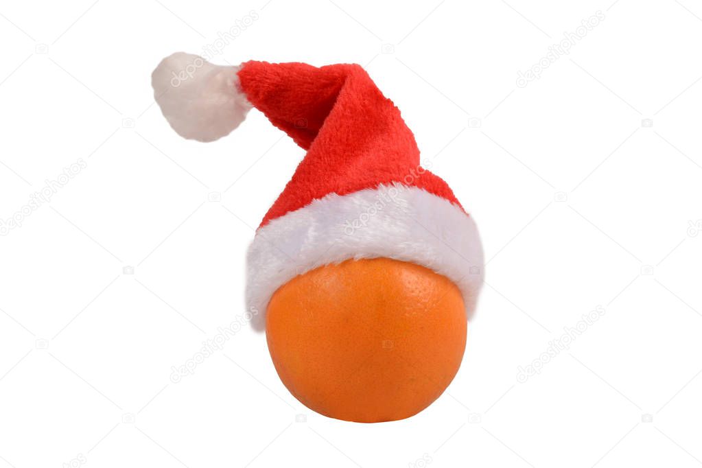 Orange in Santa hat close-up on a white isolated background. Front view, place for text, copy space.