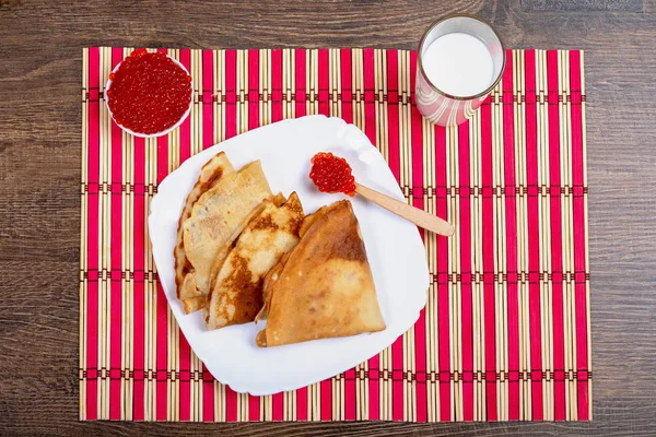 Plate Fried Pancakes Folded Triangles Red Salmon Caviar Stands Bamboo — Stock Photo, Image