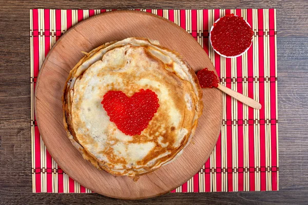 Pancakes Heart Middle Red Caviar Lie Board Close Top View — Stock Photo, Image