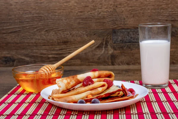 Plate Fried Pancakes Folded Triangles Bowl Honey Glass Fresh Milk Royalty Free Stock Photos