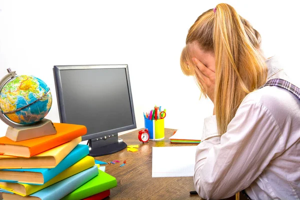 School online, learning at home, high school student crying, covering her face with her hands. School subjects are not assimilated when watching and listening to online lessons. Mock up monitor, side view, place for text, Copy space.