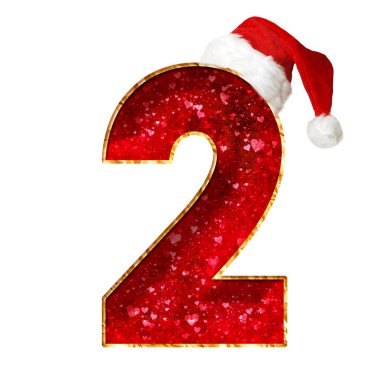 İzole edilmiş kırmızı, parlak noel alfabesi ve beyaz arka planda Noel babanın şapkası olan numara.