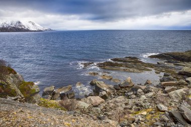 Lofotens sahne Grup Adaları karlı dağlar arka plan üzerinde karşı