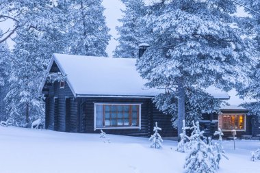 Seyahat Yerler kavram ve fikirler. Noel ağacı ile uzak ışıklandırılmış ahşap ev