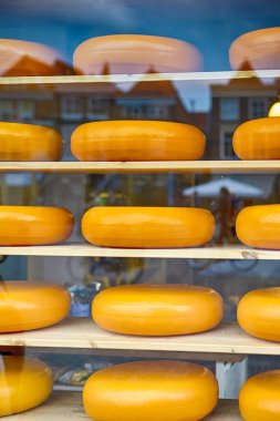 Hollanda 'daki Old City Delft' teki Showcase Raflarından birinde Geleneksel Hollanda Peynir Kafaları Yığını. Dikey Çekim