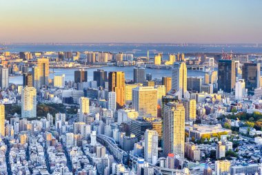 Japonya 'da Blue Hour' da, Tokyo City 'nin nefes kesici Skyline' ı. Arka planda Tokyo Körfezi ve gökdelenler var. Yatay Resim