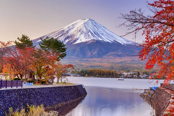 Japan and Asian Travel Destinations. Fuji Mountain in Kawaguchiko in Japan With Seasonal Red Maples in Foreground. Picture Taken At Fall. Horizontal Image