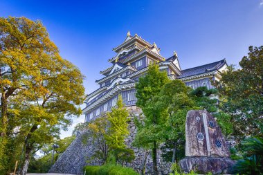Meşhur Okayama Karga Kalesi ya da Japonya 'daki Asahi Nehri' ndeki Okayama City 'deki Ujo Kalesi. Ön planda Akçaağaç var. Yatay Resim Kompozisyonu.
