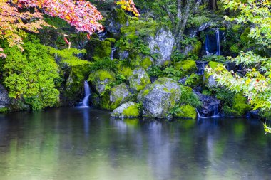 Geleneksel Japon Bahçesi ve Minyatür Şelaleleri ile Kayo-no-ike Göleti Okayama Korakuen Bahçesi, Japonya.