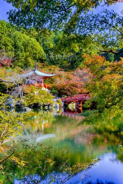 Japon seyahati. Japonya 'nın Kyoto şehrinde Güzel Kırmızı Akçaağaç Sonbahar sezonu boyunca çekici Daigo-ji Tapınağı. Foregorund 'daki Pond Reflections ile. Dikey Çekim