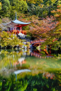 Japon seyahati. Japonya 'nın Kyoto şehrinde Güzel Kızıl Akçaağaç Sonbahar sezonunda ünlü Daigo-ji Tapınağı. Foregorund 'daki Pond Reflections ile. Dikey Bileşim