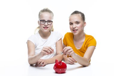 Çocukların Finansal Fikirleri. Bozuk paralarla poz veren Kafkasyalı Genç İkiz Kızlar ve Domuz Kumbarası. Tasarruf için para biriktiriyorum. Yatay Resim Yönlendirmesi