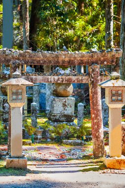 Asya Seyahat Belgeleri. Koyasan Dağı 'ndaki Okunoin Mezarlığı UNESCO Dünya Mirası Alanı olarak 1200 yıllık Japon Shingon Budizmi Mezhebi. Dikey Görüntü