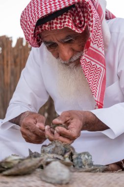Yaşlı bir adam SHEIKH ZAYED HERITAGE FESTIVAL 22 Eylül 2014 tarihinde Abu Dhab, Birleşik Arap Emirlikleri 'nde kabuklu deniz hayvanlarını açıyor.