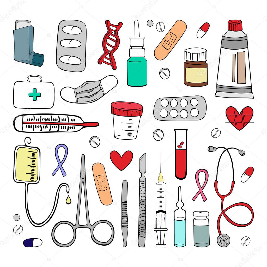 set of medical equipment.a collection of various medical devices such as a syringe, ampoule, forceps, tweezers, stethoscope, thermometer, pills, mask, inhaler and much more. isolated vector illustration