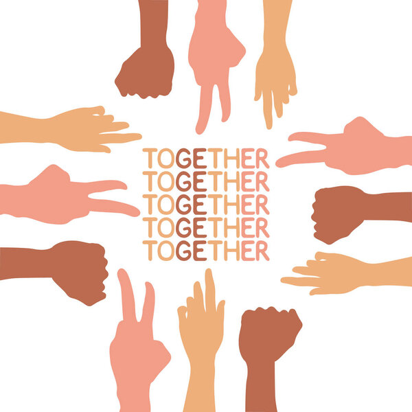 Illustration of the unification of people of different groups. Hands of different examined in a circle. unification of women. Teamwork. The inscription is together. Greeting card, flyer isolated vecto