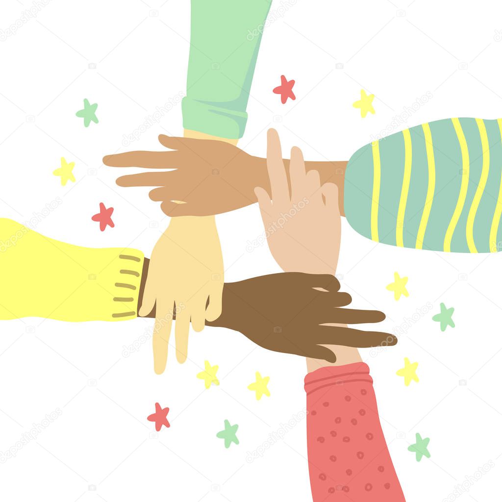 hands in a circle supporting each other. people hold hands. The concept of teamwork and support of different people. equal opportunity for all. process inclusion.  vector isolated illustration