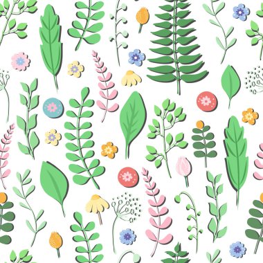 Farklı kır çiçekleri ve otların kusursuz arka planı. Yeşil bitkilerin deseni. Kumaş pankartları için baskı duvar kağıdı illüstrasyonu