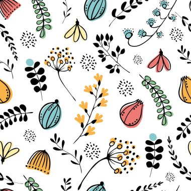 Basit kır çiçekleri ve çiçeklerin kusursuz çok renkli desenleri. Giysiler, duvar kâğıdı, kumaş, küçük renkli çiçekler için havalı bir iz. Modern çiçek arkaplanı. Moda baskıları için zarif bir şablon.