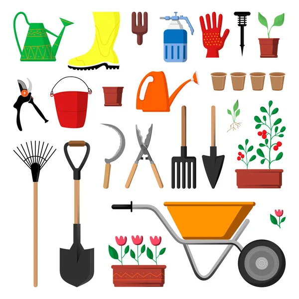 Bahçe sulama için farklı araçlar seti bahçe platformları tasarımı için kürek kovaları ve fidan koleksiyonu toplayabilir. Vectron çizimi izole edildi