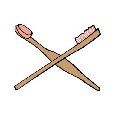 Tahta diş fırçaları kendi aralarında çaprazlanmış. Doğal malzemelerden yapılmış güzel diş fırçaları. Vektör çizimi izole edilmiş düz biçim