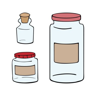 Çeşitli ürünler depolamak için şirin kavanozlar. tekrar kullan. DIY güzel depolama evi dekor vektör çizimi izole.