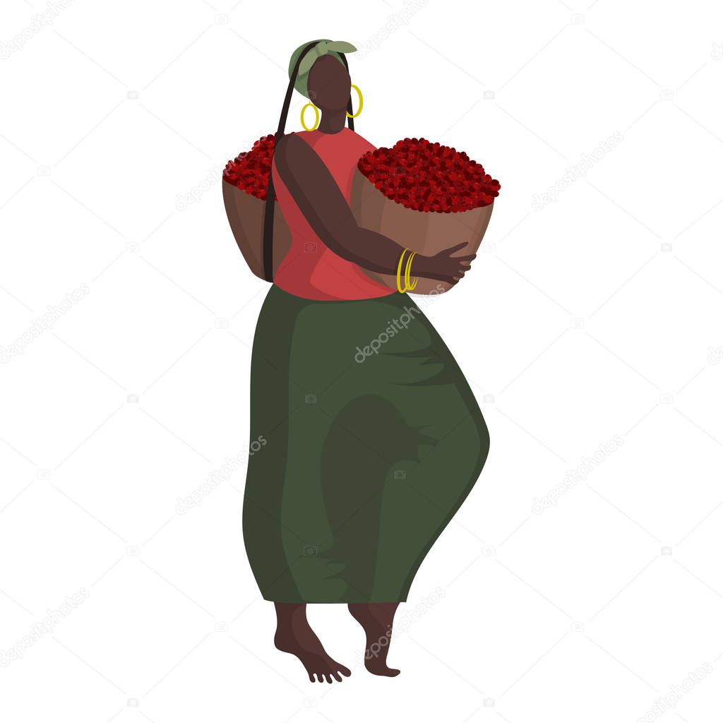 Beautiful black woman in ethnic clothing with two baskets of coffee berries at the coffee harvest