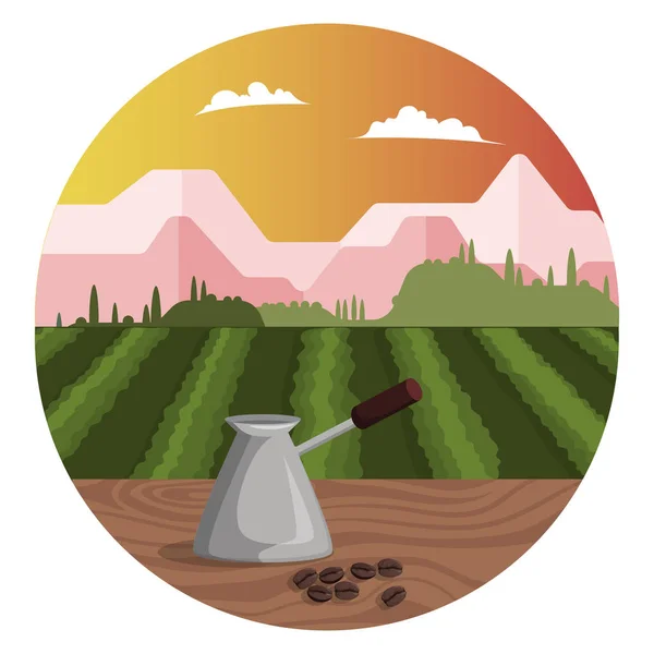 Paysage de montagne avec plantation de café, jezve et grains de café — Image vectorielle