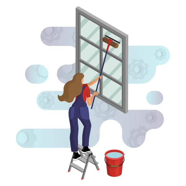 Jeune femme en salopette lave la fenêtre, debout sur un escabeau — Image vectorielle