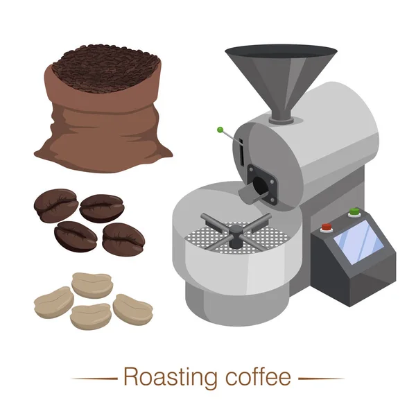 Torréfacteur industriel, grains de café avant et après traitement thermique — Image vectorielle